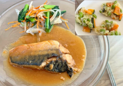 さばのみそ煮&かぼちゃと枝豆のかき揚げ